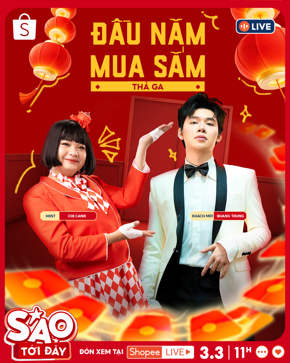 Shopee Live mở bát hoành tráng cùng phiên livestream “tiệc tùng đầu năm” với chủ xị Chị Cano và khách mời Quang Trung.
Shopee Live mở bát hoành tráng cùng phiên livestream “tiệc tùng đầu năm” với chủ xị Chị Cano và khách mời Quang Trung.