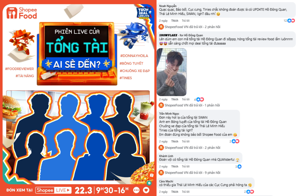 Ai cũng kỳ vọng đây sẽ là một “đại hội tổng tài” đúng nghĩa khi ShopeeFood “tung hint” cho phiên live sắp tới.
Ai cũng kỳ vọng đây sẽ là một “đại hội tổng tài” đúng nghĩa khi ShopeeFood “tung hint” cho phiên live sắp tới.