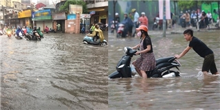 Mưa lớn ngập nhiều tuyến đường khiến dân Hà Nội lội nước đi làm