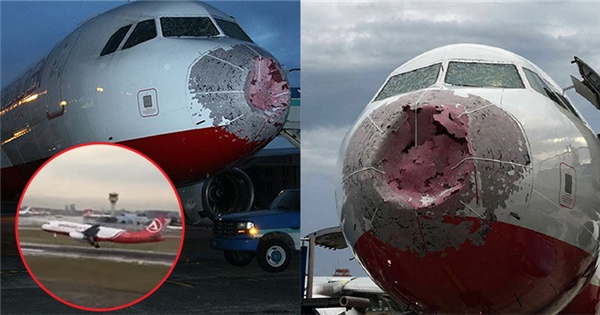 Pha hạ cánh sinh tử của máy bay bị mưa đá phá huỷ toàn bộ kính và nát phần mũi