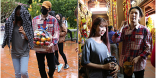 Khởi My - Kelvin Khánh ngụy trang kín mít, đội mưa tới đền thờ Tổ của Hoài Linh