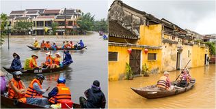 Hậu bão số 12: Quảng Nam ngập trong biển nước, khách du lịch chèo thuyền di chuyển tại phố cổ Hội An