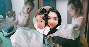 Thấy Elly Trần vứt đồ bừa bãi, bé Cadie vừa dọn dẹp vừa trách móc: "Mami bày đồ lung tung quá à!"