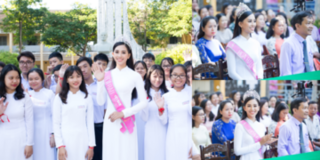 Hoa hậu Trần Tiểu Vy diện áo dài trắng tinh khôi về trường cũ trao học bổng