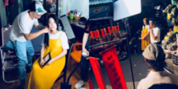 Cuối cùng Nhã Phương cũng chịu diện đầm bầu khi đi quay hình với Trường Giang