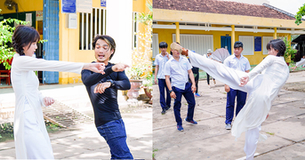 Ngọc Trinh diện áo dài nữ sinh, tung cước cao qua đầu trong hậu trường Vu Quy Đại Náo