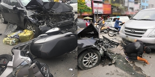 Tài xế xe sang "bỏ đi" sau khi lao vào cột điện, tông liên hoàn nhiều phương tiện trên đường phố HN