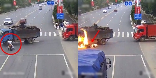 Cận cảnh xe máy bốc cháy dữ dội trong vòng chưa đầy 1 giây va chạm với xe tải