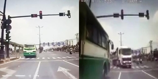 Clip: Tránh xe buýt vượt đèn đỏ, xe bồn đánh lái vào đường cấm suýt gây tai nạn kinh hoàng