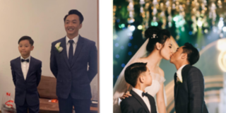 Con trai Hồ Ngọc Hà nhìn chằm chằm Cường Đôla hôn Đàm Thu Trang trong đám cưới