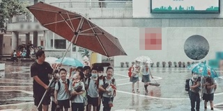 Thầy giáo tiểu học dùng ô "siêu to khổng lồ" che mưa cho học sinh
