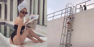 Ngọc Trinh diện bikini leo cầu thang lên sân thượng để chụp ảnh