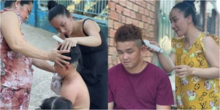 Vợ Lê Dương Bảo Lâm trổ tài cắt tóc cho nhân viên mùa dịch