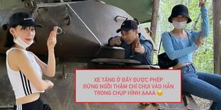 Chi Pu chụp hình với xe tăng nhưng vội đính chính trước khi bị lên án