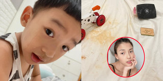 Thúy Diễm "cạn lời" khi thấy con trai lấy phấn của mẹ chơi trang điểm