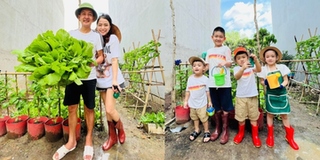 4 nhóc tì nhà Hải Băng hóa nông dân, thu hoạch rau xanh tại vườn nhà