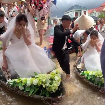 Lấy chồng Nghệ An đúng dịp mưa bão, cô dâu ngồi "thuyền hoa" về dinh